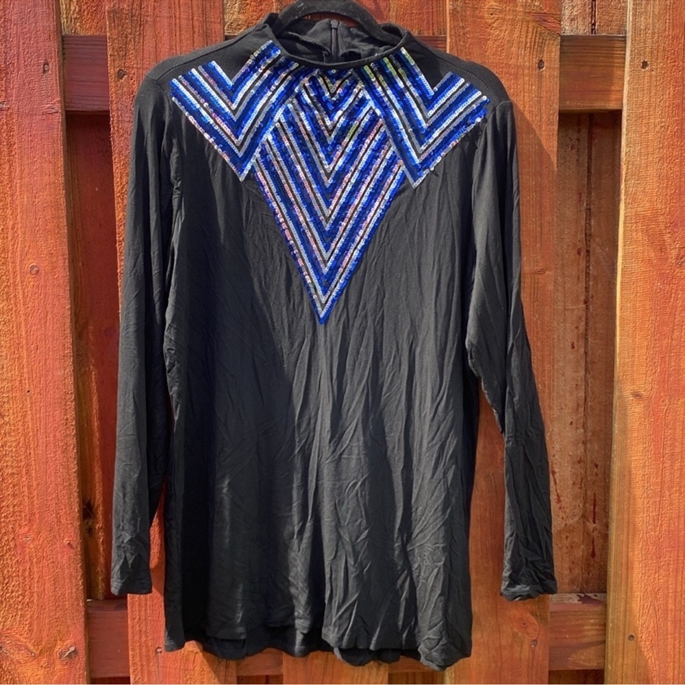Ashley Stewart Black Chevron Sequin Mock Neck Top Long Sleeve Plus 14/16
